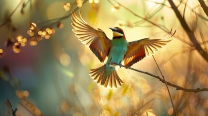 A bird is flying in the air with its wings spread out