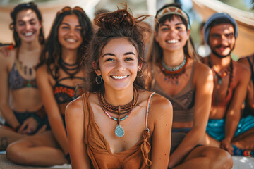 Fototapeta premium A group of young happy people on a yoga retreat in Ibiza, enjoying outdoor activities and relaxation.