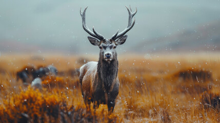 A majestic stag stands alert in a misty, golden autumn forest, embodying wilderness and natural beauty.