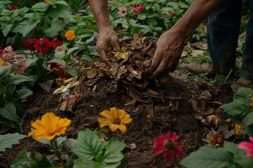 Gardener Preparing Soil for Planting with Hands in Blooming Flower Bed