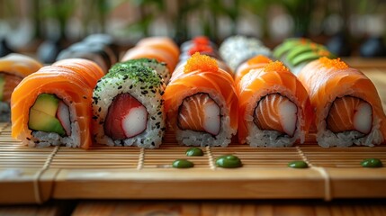 Assorted sushi rolls arranged in a row on a bamboo mat, ready to be served. High quality....
