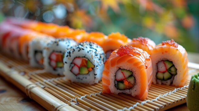 Assorted sushi rolls arranged in a row on a bamboo mat, ready to be served. High quality. Photorealism. Hyperrealism. Canon EOS K5. 85mm