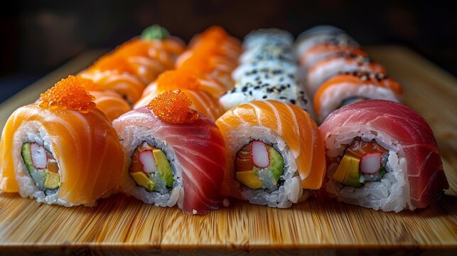 Assorted sushi rolls arranged in a row on a bamboo mat, ready to be served. High quality. Photorealism. Hyperrealism. Canon EOS K5. 85mm