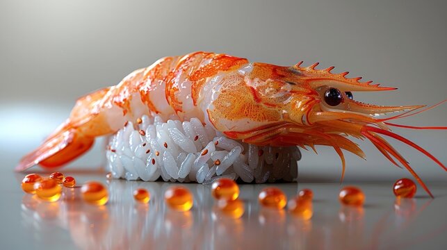 Single piece of shrimp nigiri with detailed texture on the shrimp and rice on a white background. The colors are vivid and sharp. High quality. Photorealism. Hyperrealism. canon EOS K5. 85mm