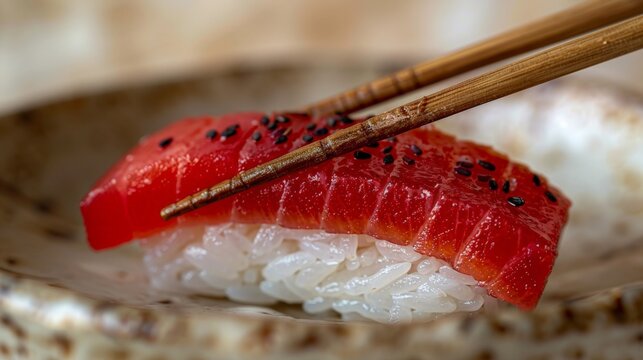 A pair of chopsticks holding a piece of tuna nigiri, suspended in mid-air against a plain white background. High quality. Photorealism. Hyperrealism. canon EOS K5. 85mm