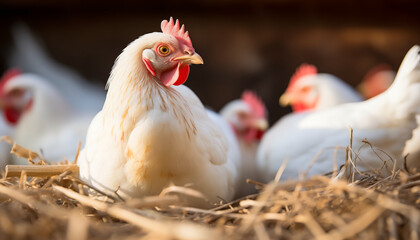 Fototapeta premium A white hen sits on a nest of straw in a barn with a blurred background of other chickens