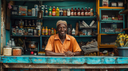 Naklejka premium A cheerful African man standing proudly in his colorful small shop filled with various groceries in a rural area of Kenya.