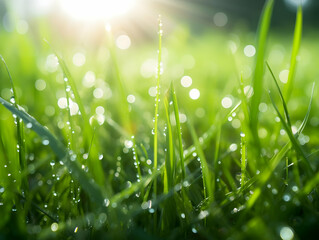 Fototapeta premium Juicy lush green grass on meadow with drops of water dew in morning light in spring summer outdoors close-up macro, panorama. Beautiful artistic image of purity and freshness of nature, copy space.
