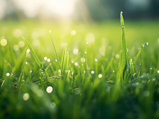 Fototapeta premium Juicy lush green grass on meadow with drops of water dew in morning light in spring summer outdoors close-up macro, panorama. Beautiful artistic image of purity and freshness of nature, copy space.