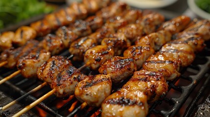 Grilled chicken skewers with a perfect char are sizzling over open flames, showcasing the art of outdoor cooking and delicious barbecue flavors