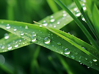 Juicy lush green grass on meadow with drops of water dew in morning light in spring summer outdoors close-up macro, panorama. Beautiful artistic image of purity and freshness of nature, copy space.