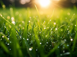 Fototapeta premium Juicy lush green grass on meadow with drops of water dew in morning light in spring summer outdoors close-up macro, panorama. Beautiful artistic image of purity and freshness of nature, copy space.