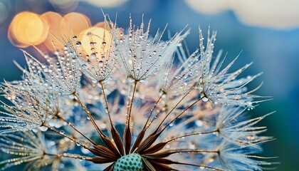 Beautiful dew drops on a dandelion seed macro. Beautiful blue background. Large golden dew
