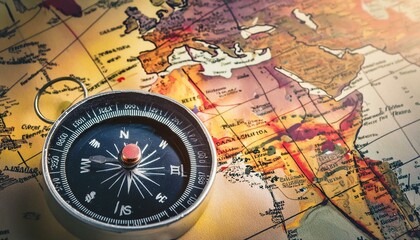 Magnetic compass and location marking with a pin on routes on world map. Adventure, discover