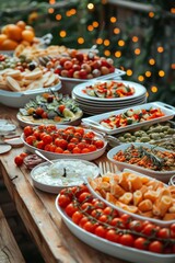 Fototapeta premium An abundant and colorful Mediterranean spread of various fresh fruits, vegetables, cheeses, olives, and appetizers arranged on a rustic wooden table