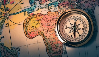Magnetic compass and location marking with a pin on routes on world map. Adventure, discover