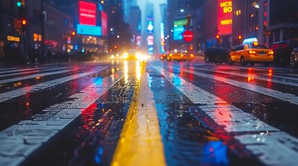 A vibrant city street illuminated by colorful lights reflecting on wet pavement, capturing the hustle and bustle of evening traffic and urban atmosphere