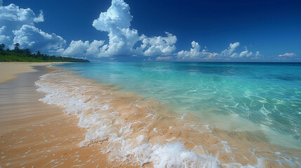 A beautiful beach with a blue ocean and white clouds in the sky