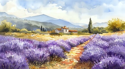Watercolor landscape of a rustic house amidst vibrant lavender fields with mountains in the background, ideal for home decor, greeting cards, and nature-inspired designs.