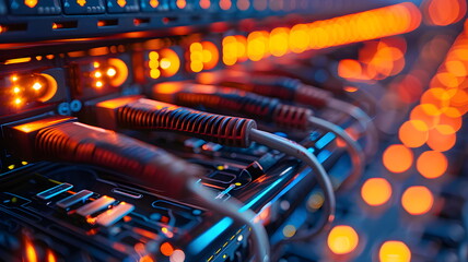 A backdrop of a server room with network cables and lights