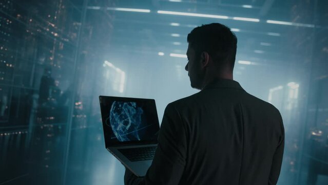 A Man Holding A Laptop In His Hands In A Dark Room Workshop Advertising Photography It Service Management