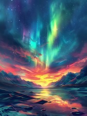 Stunning digital illustration of a vibrant aurora borealis over a serene mountain landscape at sunset, reflecting on a calm lake. Perfect for creative projects, nature themes, and artistic designs.