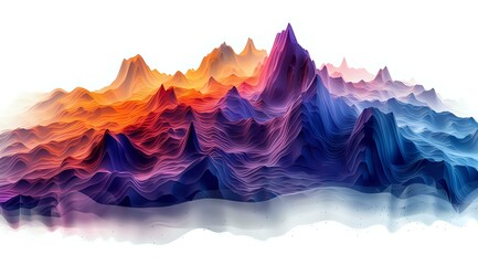 Vibrant abstract illustration of colorful, flowing mountain-like shapes on a white background,...