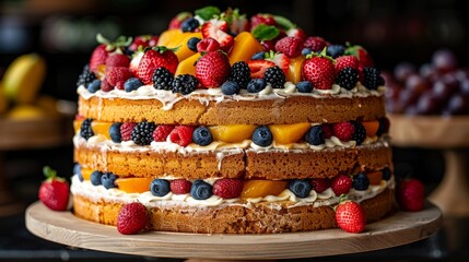 Fototapeta premium Exquisitely layered sponge cake adorned with a colorful assortment of fresh fruits including strawberries, blueberries, and peach slices on a wooden cake stand
