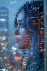 Digital double exposure of a woman with blue hair and a futuristic cityscape, symbolizing technology, artificial intelligence, and modern urban life. Perfect for tech articles, creative projects