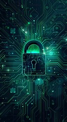 Digital illustration of a padlock on a green circuit board, symbolizing cybersecurity and data protection. Perfect for technology-related content, security articles, and educational materials.