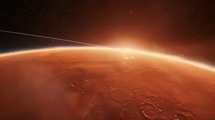 Obraz premium A cinematic shot of the planet Mars from space, the atmosphere is red and orange with black edges, a thin white ring around it can be seen in the distance. The solar syste