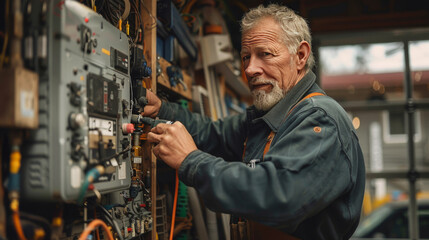Obraz premium A skilled senior electrician adjusts components within an industrial electrical panel, focused and professional.
