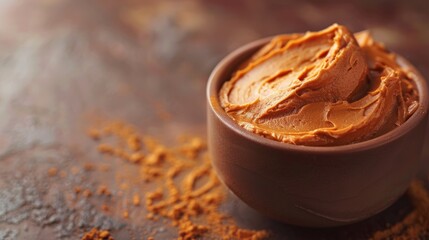 Close-up photograph of a ceramic bowl filled with creamy peanut butter, placed on a rustic surface with scattered peanut butter crumbs, highlighting texture and richness