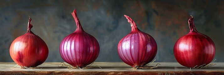 Four naturally vibrant and fresh red onions with roots, aligned neatly on a rustic wooden surface against a subtle painted background - Powered by Adobe