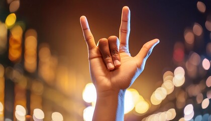 DETALHE DE UMA MÃO FAZENTDO UM GESTO DO SÍMBOLO DO ROCK IN ROLL, HEAVY METAL