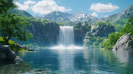 A breathtaking waterfall cascades down the rocky cliffs and flows into a serene lake surrounded by lush green trees and majestic snow-capped mountains under a clear blue sky - Powered by Adobe