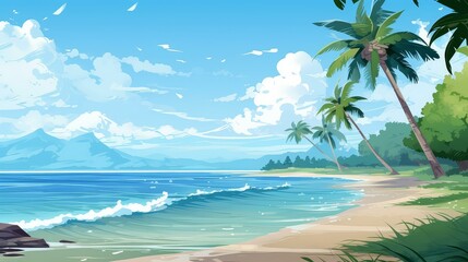 Obraz premium Vibrant chibistyle coastal art in digital painting, with vivid colors and stylized cartoony drawing.