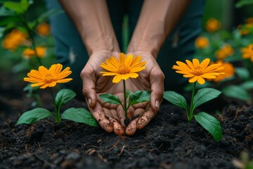 Hands holding young plants in rich soil, symbolizing growth and nurturing in a garden setting