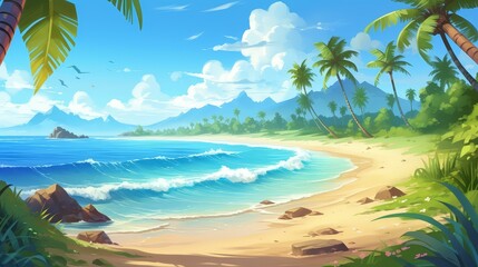 Obraz premium Vibrant chibistyle coastal art in digital painting, with vivid colors and stylized cartoony drawing.