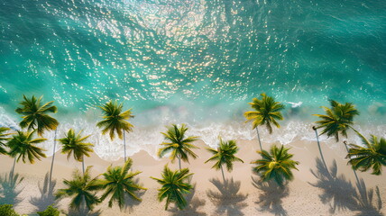 A line of palm trees framing white sand, against the background of a sparkling ocean