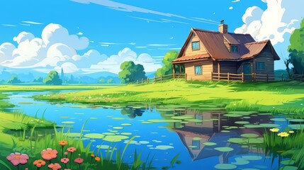 Obraz premium Colorful chibistyle farm illustration with vivid colors and stylized painting.