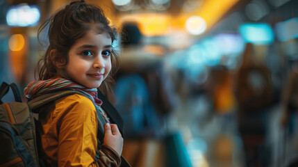Obraz premium A cheerful young girl wearing a backpack smiles over her shoulder in a colorful, busy airport setting.