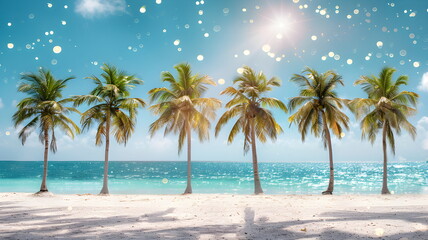 A line of palm trees framing white sand, against the background of a sparkling ocean