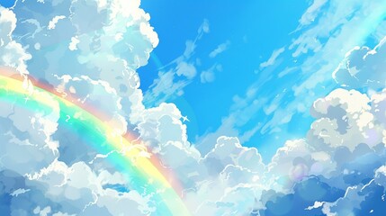 Description Bright kids background featuring a colorful rainbow arcing over fluffy white clouds against a clear blue sky.