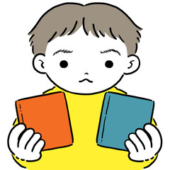 Illustration of a boy wondering which book to choose