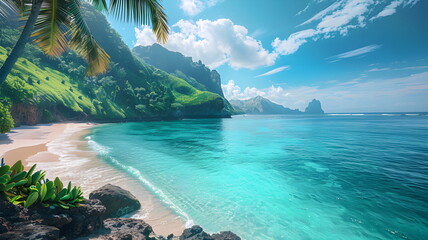 A panoramic view of a tropical beach with turquoise waters and palm trees