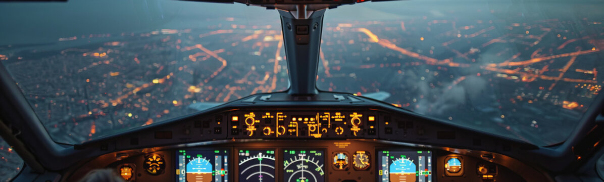 Cockpit view during night flight over illuminated cityscape, showcasing aviation instruments and urban lights.