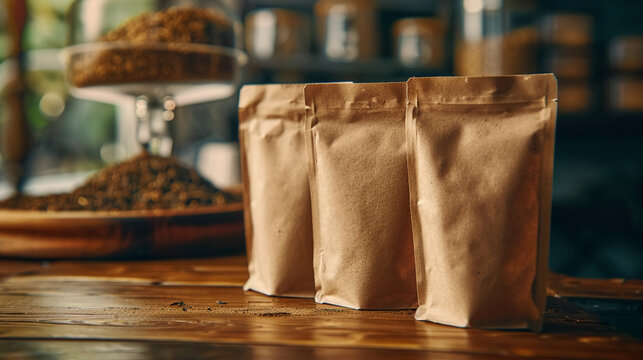 a picture of 3 oz tea packaging with a blank label. Display the packaging on a table with studio lighting in a close-up shot.