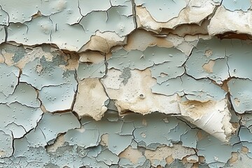 Close-up view of peeling paint on an old weathered wall, showcasing the intricate textures, colors, and layers of decay in an urban environment