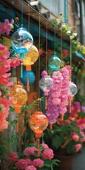 Fototapeta premium Vibrant display of colorful lanterns and pink flowers against a modern building backdrop creates a lively atmosphere in an urban setting